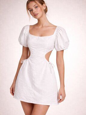 Sabo Skirt White Linen Puff Sleeve Cutout Dress M Bridal Cottagecore